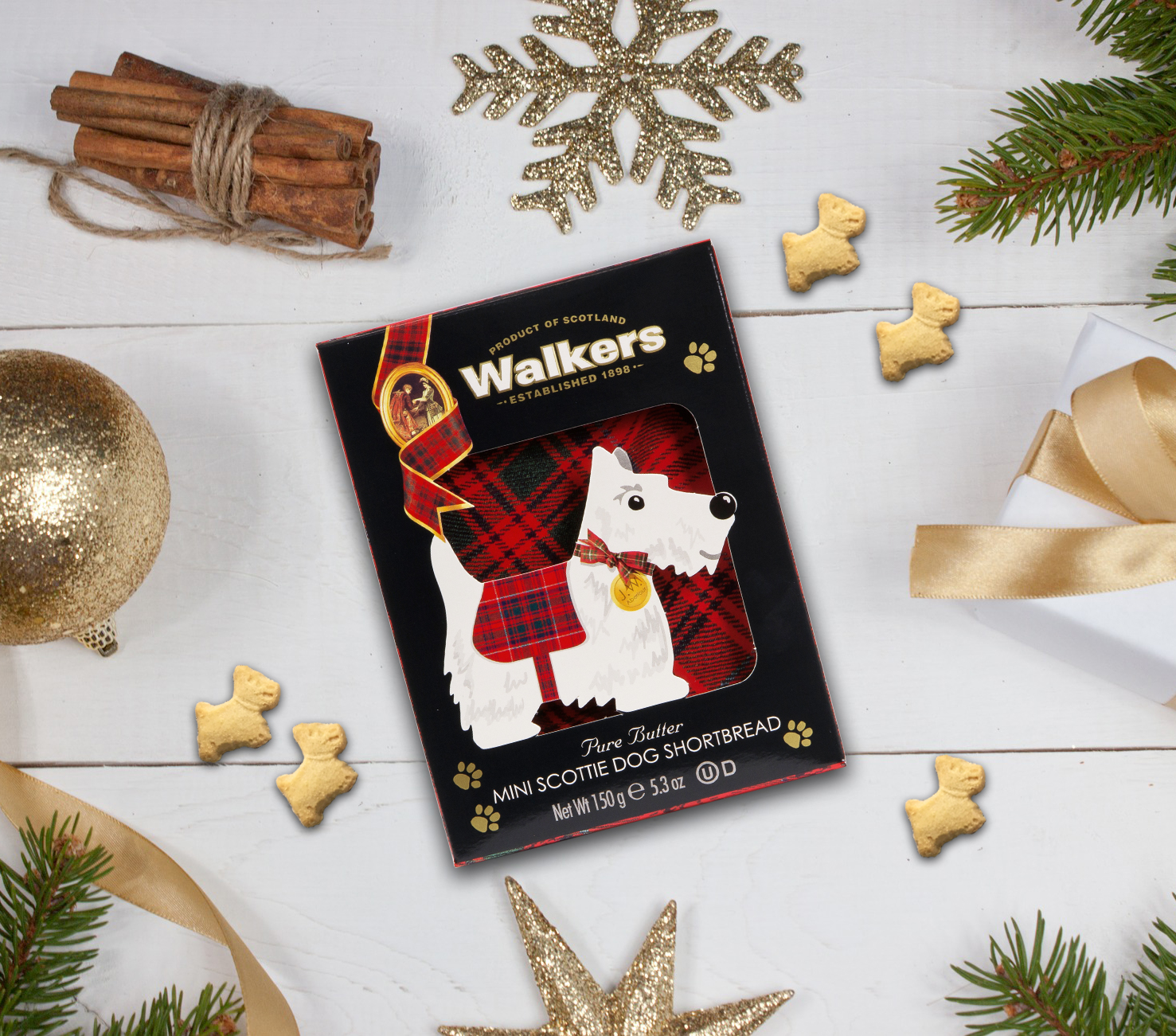 Walkers Mini Scottie Dogs Shortbread on a table with Christmas decorations